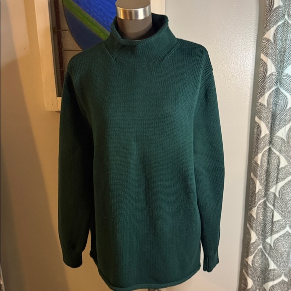 J Crew Hand Knit Hunter Green 100% Cotton Roll Neck Sweater SZ Large - Picture 1 of 7